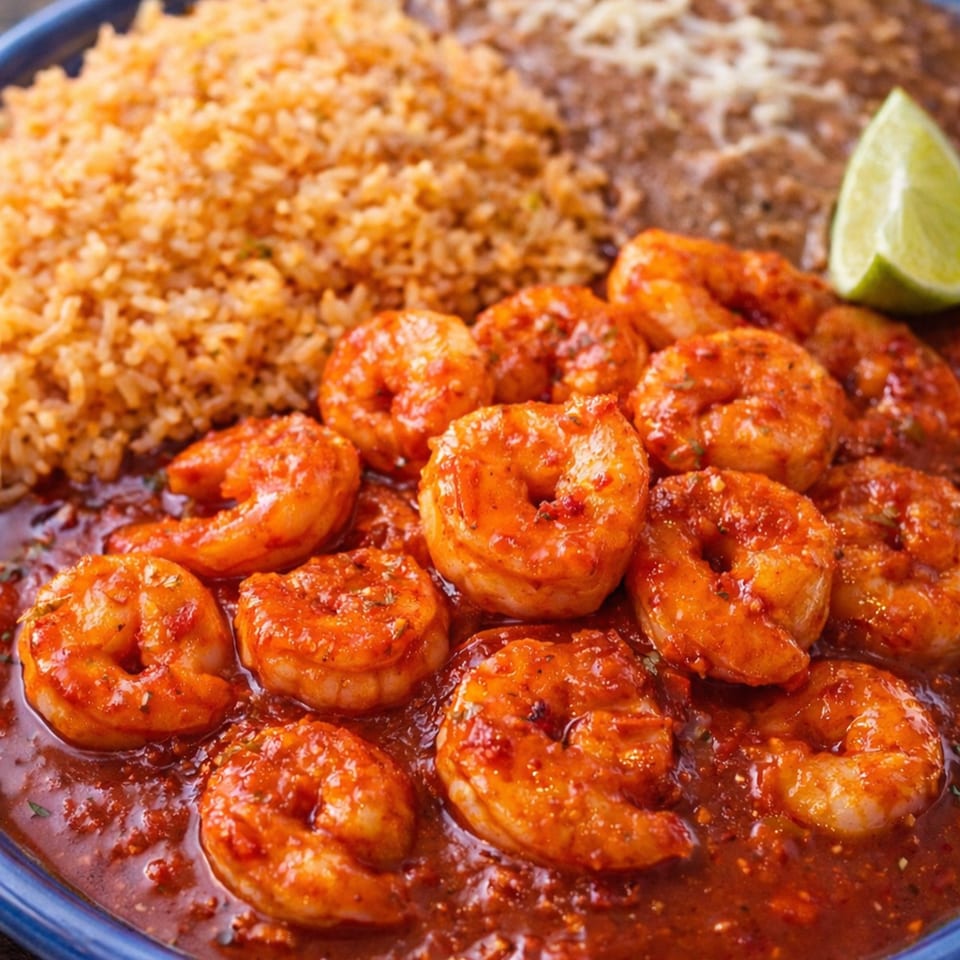 Jalisco Taqueria's camarones a la diabla with rice, refried beans, and a lime wedge.