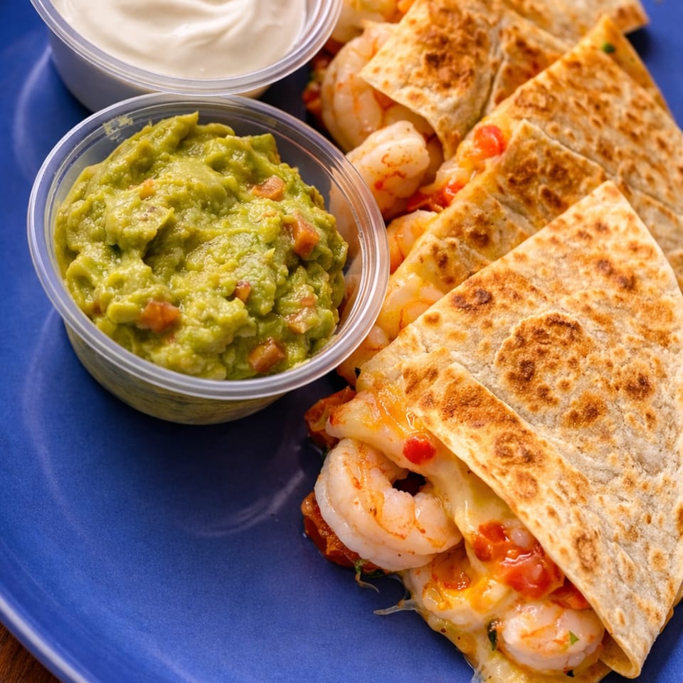 Shrimp quesadillas with melted cheese and red peppers, served with guacamole and sour cream on a blue plate.