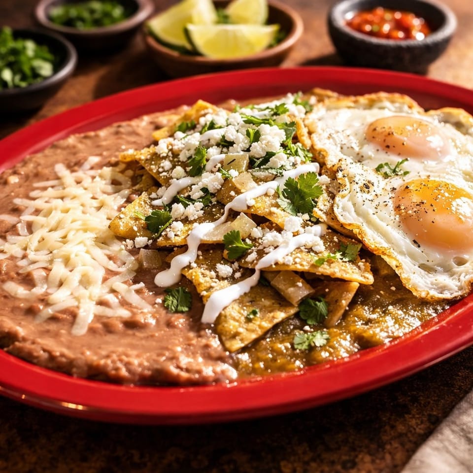 Jalisco Taqueria's chilaquiles with two fried eggs, refried beans, cheese, and cilantro on a red plate.